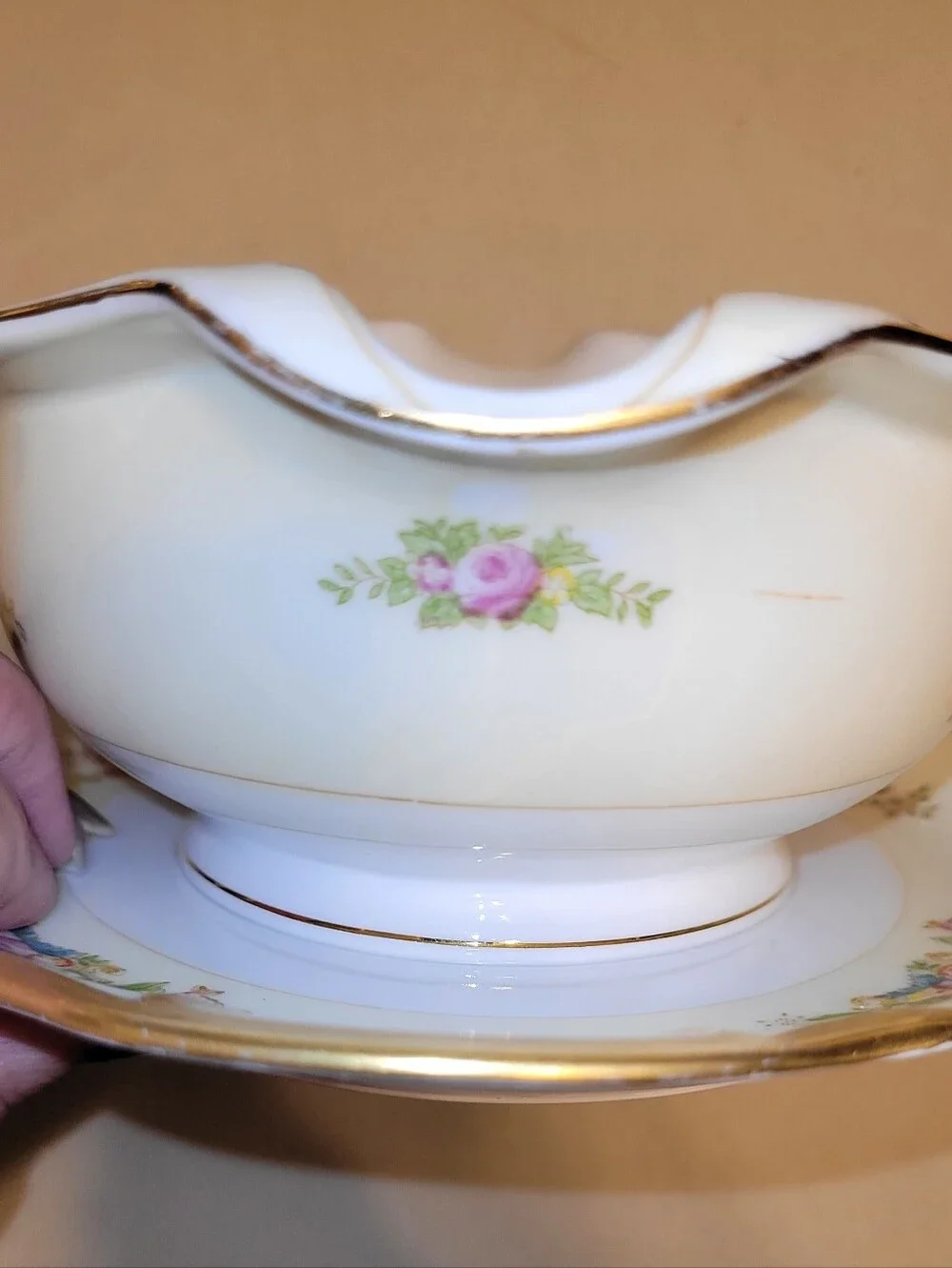 Mieto Porcelain Hand Painted Gravy Boat with Attached Saucer.